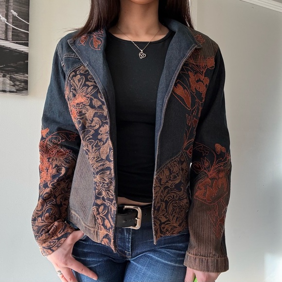 American Vintage Jackets & Blazers - Vintage earthy embroided Denim Jacket – Preppy Grunge Boho Open Jean Blazer